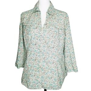 Merona Women's XXL Ditzy Floral Print Button Front V Neck 3/4 Sleeve‎ Blouse Top